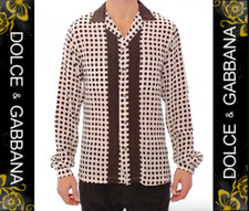 Dolce & Gabbana Polka Dot Print 100% Silk Shirt Ecru-Brown sz 16 1/2 - 42 Italy