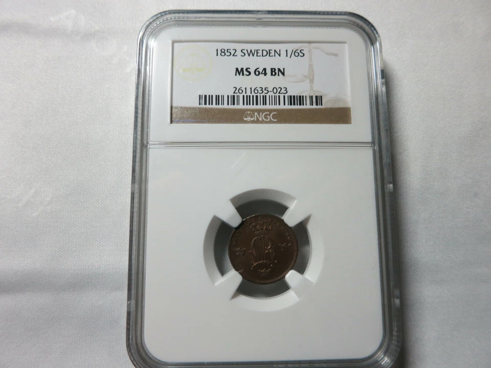 SWEDEN Kingdom 1/6 skilling 1852 NGC MS 64 BN UNC King Oscar Bronze Graded Arrow - Image 3 of 3