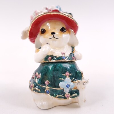 Rabbit Girl Hat Dress Enamel Trinket Pill Holder Vanity Hinged w/ Box Easter