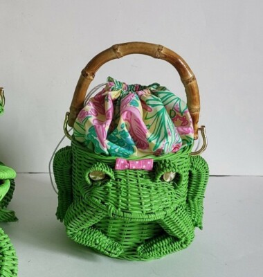 Vintage Wicker Animal Novelty purse 1950s GREEN FROG With Lilly Pulitzer  lining
