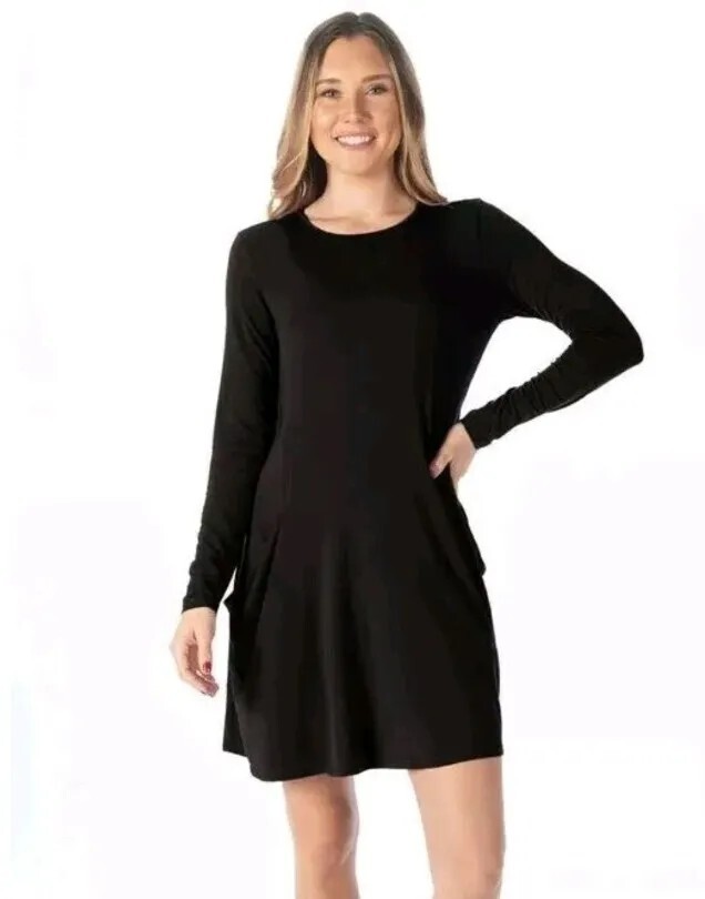 Betabrand Sweatshirt Travel Dress Black Silk Long Sleeve Size Medium