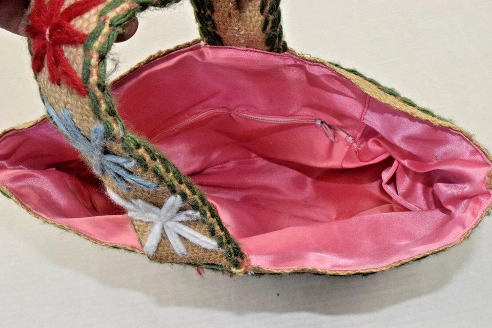 Bolsa tote vintage anos 60 fio colorido de crochê estrelas forro rosa 9 X 12 polegadas - Imagem 4 de 4