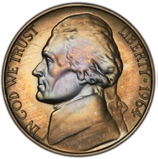 PR67 1964 5C Jefferson Proof Nickel, PCGS Secure- Pretty Rainbow Toned