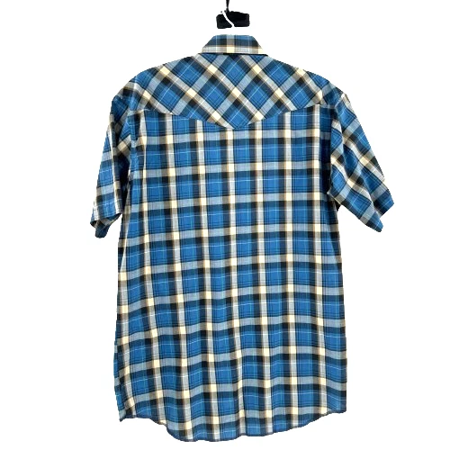 90s Wrangler Mens Pearl Snap Shirt X Long Tails Cowboy Size XL Blu Plaid Western - Image 2 of 4