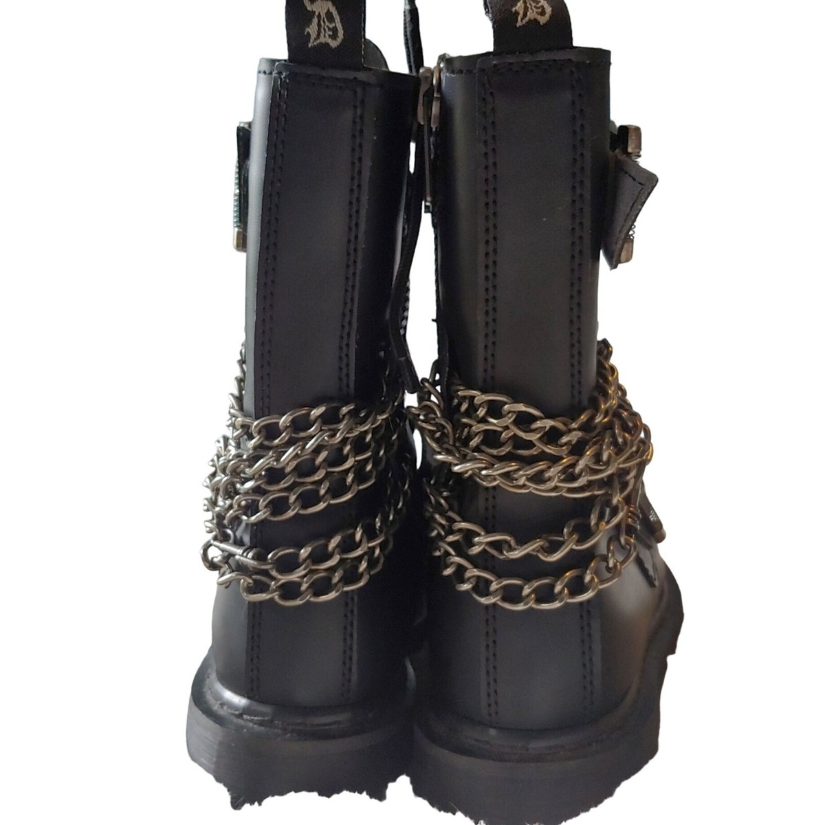 Demonia Mens S7 Womens S8.5 Lace-Up/Zip Low Heel Chain Metal Boots