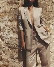 Zara Women's Small Double Breasted Blazer Jacket Beige Sand Gold Buttons