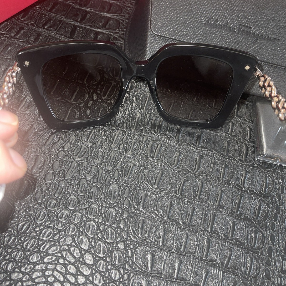 Salvatore Ferragamo Black Frame Gancini Chain Square Sunglasses SF1041S Ferragamo Women main image 2