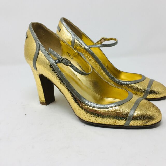 J Crew Mary Jane Gold Crackle ITALY Size 7 3.5