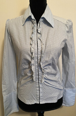 Sisley Ital 100% Cotton Eye Hook White/Blue Striped Top Ruffle Blouse Size S