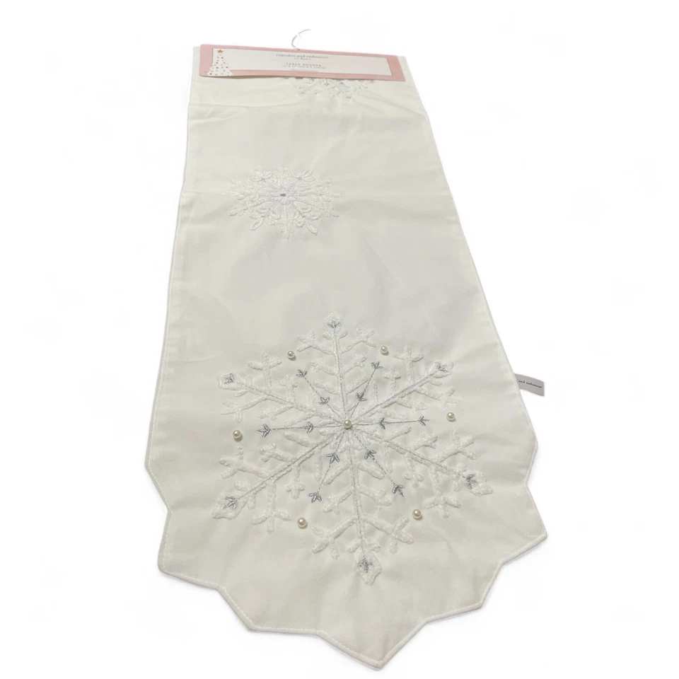 Cupcakes & Cashmere Table Runner White Jeweled Snowflakes Christmas 90” Decor - Image 3 of 4