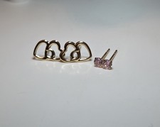 2 Pairs 14k Yellow Gold Stud Earring Double Hearts Pink CZ