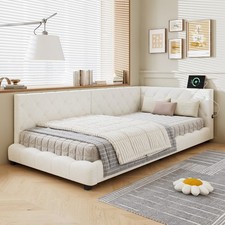 Upholstered Single Bed Frame 3ft Daybed w/ Headboard, Boucle, 90x190 cm, Beige