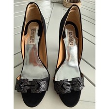Badgley Mischka Black Satin Crystal Embellished Open Toe Pumps Heels Womens 7M