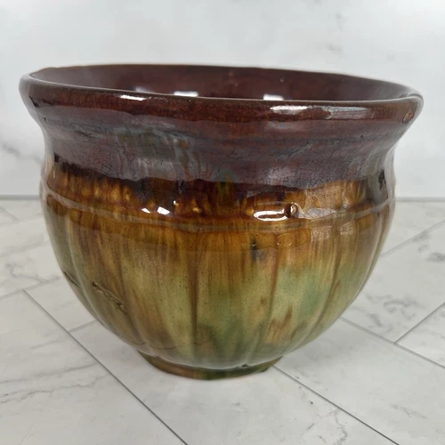 Vintage Brush McCoy Drip Glaze Majolica Jardinière Green Brown Yellow Planter