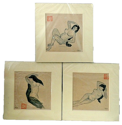 Three Oriental Vintage Signed Nude Artwork Drawings with Chinese Chop Seal