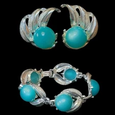 VTG Bracelet Earring Set Blue Silver Tone Clip On Art Deco Style Costume Jewelry