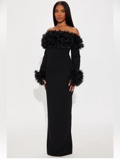 Fashion Nova Last Chance Dress Feather Trim Maxi Dress Black Long Sleeve SIZE S