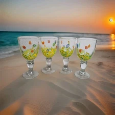 Hand-Blown Art Glass Goblets Painterly Frit Swirl Confetti Wine Water Set of 4