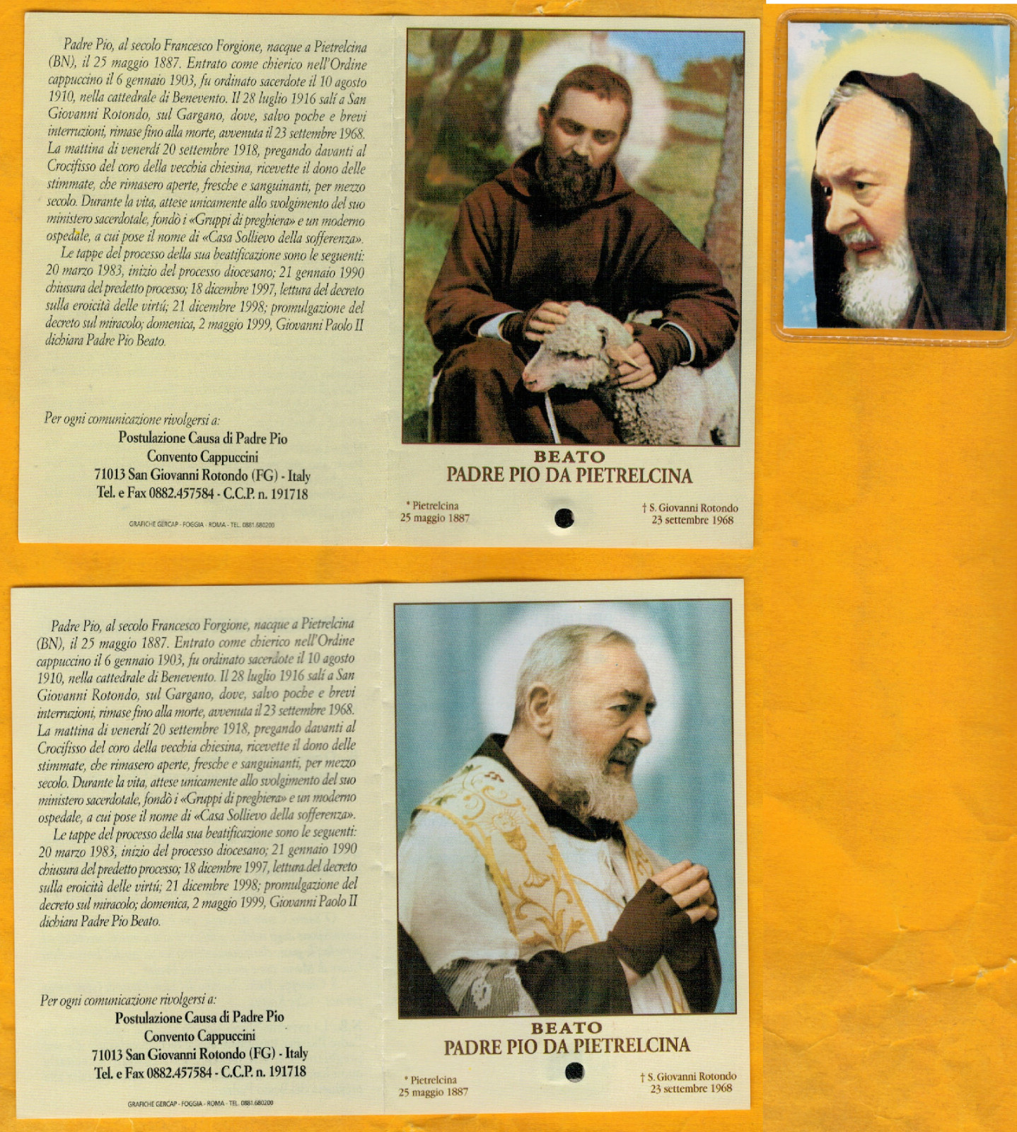 LOTTO DI 3 SANTINI + 2 LIBRETTINI CON RELIQUIA: PADRE PIO DA PIETRELCINA