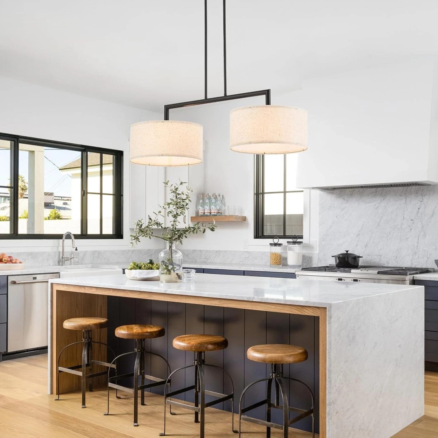 39" Modern Chandelier, 2-Light Off-White Fabric Pendant, Matte Black, UL Listed✨ thumbnail 4