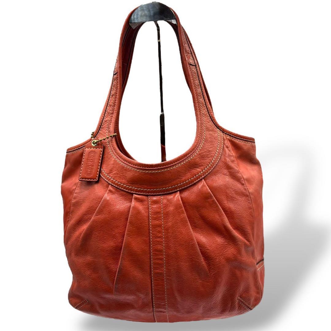 Coach Leather Shoulder Tote with Logo Charm Spacious Carryall