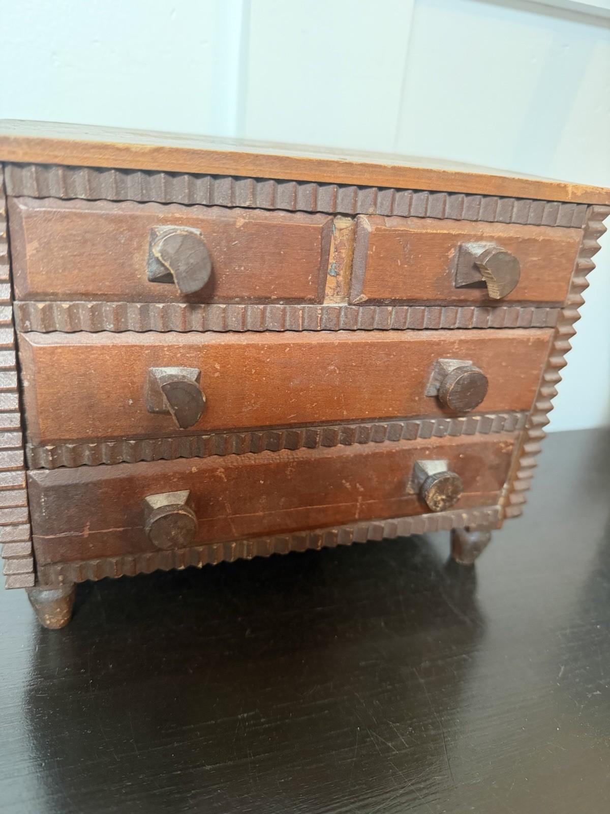 Vintage Miniature Wooden 4-Drawer Jewelry Chest Dresser Box Branded Handmade