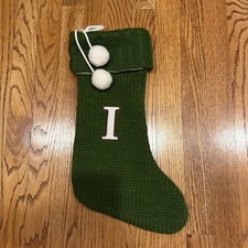 2014 Target Wondershop Green Monogram Knit Christmas Stocking Initial I Pom Poms