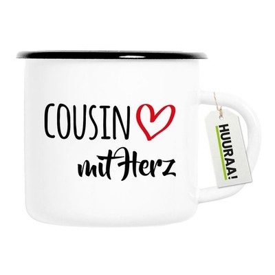 Emaille Tasse Cousin mit Herz Geschenkidee Cousin Geschenk Präsent Mitbringsel S