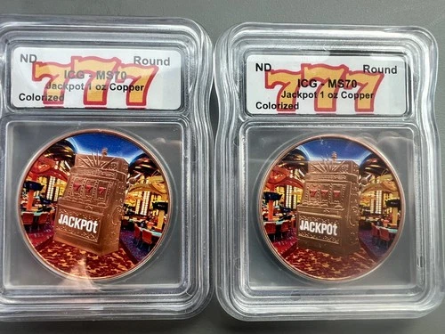 Lot of 2 ICG MS70 1OZ .999 COPPER COLORIZED *LAS VEGAS 777* "JACKPOT" ROUND  ND