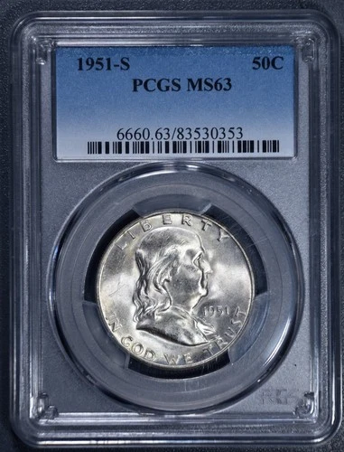 1951-S 50C FRANKLIN SILVER HALF DOLLAR KM# 199 PCGS MS 63 A6376