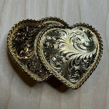 Vintage Double Heart Floral Ornate Western Belt Buckle 22 KT Gold Plated