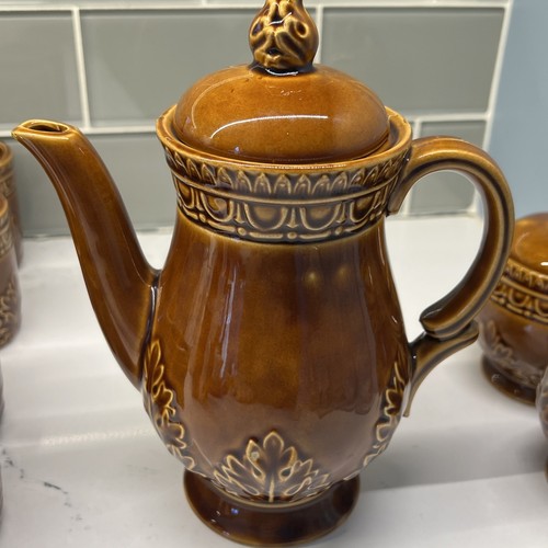 Vintage Norleans Japan Tea Set Brown Glazed Embossed Leaf Pattern - Picture 11 of 21
