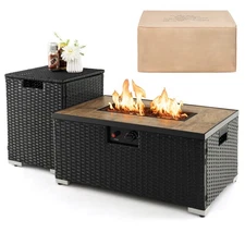 32"x 20" Propane Rattan Fire Pit Table Set w/ Side Table Tank & Cover 40,000 BTU
