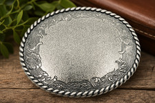 Antique Silver Floral Belt Buckle Blank Center Western Rope Edge Metal