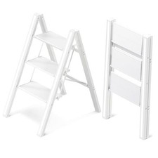 3 Step Ladder, Aluminum Folding Step Stool with Anti-Slip 3 STEP Cream White