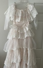 Vtg Wedding Gown Layered Lace RUFFLES Southern Belle off-Shoulder Dress Train XS