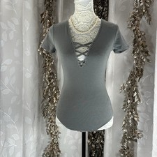 Express One Eleven Bodysuit Women s SP Green Deep V Crisscross Y2K