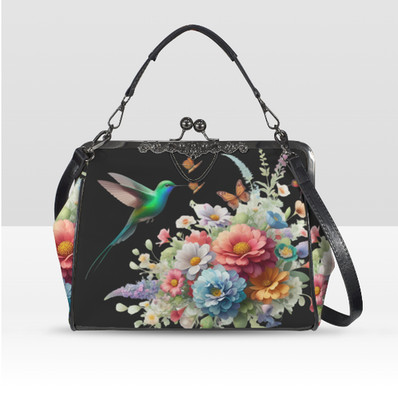 Black Floral Art Hummingbird Spring Mother's Day Shoulder Cross Body Bag Satchel