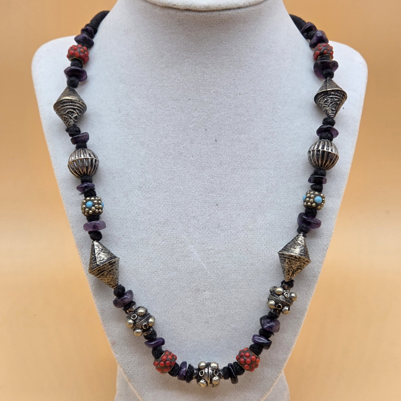 Vintage Multi Beaded Adjustable Length Silver/Tur… - image 2