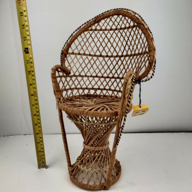 Mini Peacock Wicker Fan Back Rattan Chair 16” Doll Plant Stand Boho Hippie Decor OR10528