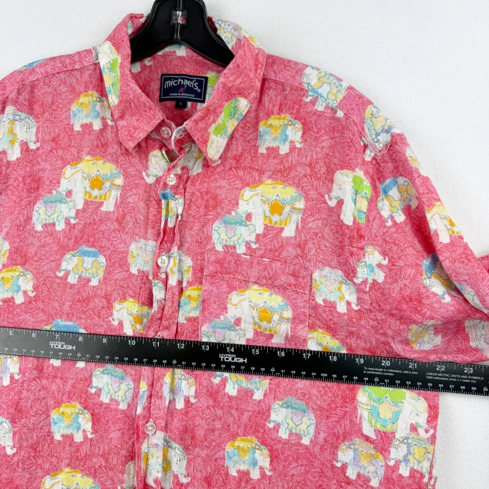 MICHAELS Morocco Linen Shirt Pink Elephants Size LARGE Men Button Up Long Sleeve - Image 4 of 4