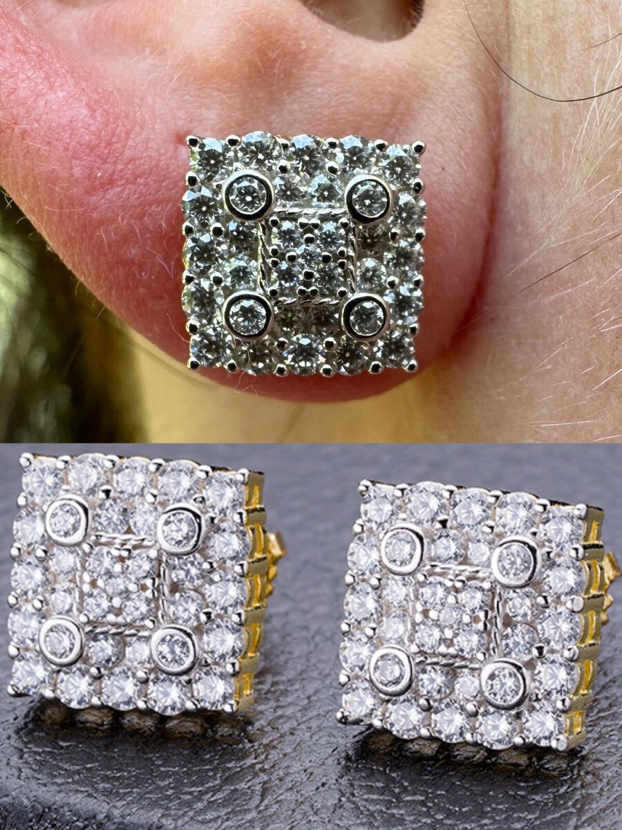 Iced Square Earrings Big 10mm Real 925 Silver 14k Gold Iced Square Earrings Big 10mm Real 925 Silver 14k Gold