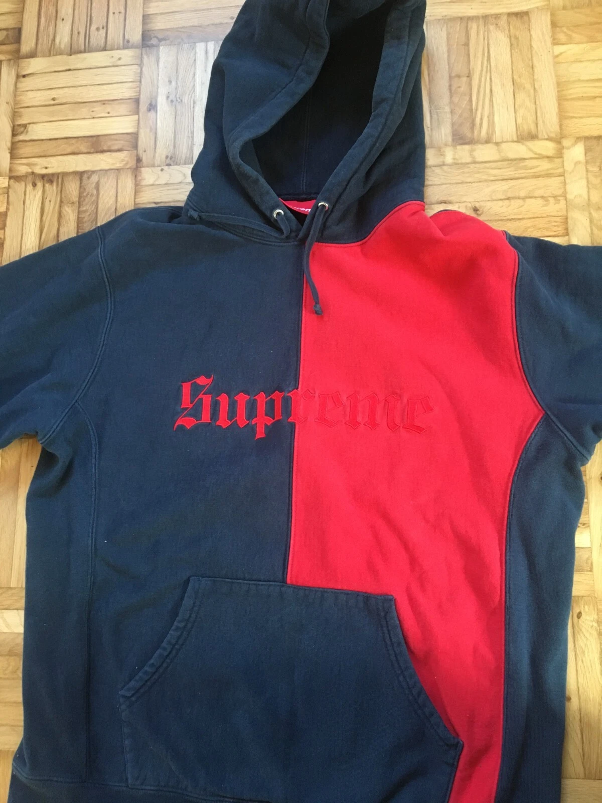 Sweat à capuche ancien anglais Supreme Split bleu marine FW17 taille LARGE