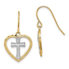 14k Two Tone Gold Cross In Center Heart Earrings Charm Pendant