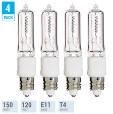 4 Pack Q150CL/MC 150 Watt 150W T4 T4.5 E11 Mini Candelabra Base 120V Clear Bulbs