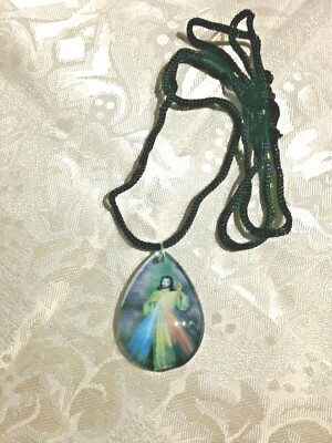 DIVINE MERCY TEARDROP CORDED NECKLACE,  28''L, Colorful! Great Value! NEW in pkg.