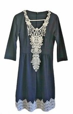 A Line Dress Womens Blue Ivory Floral Lace V Neck 3/4 Sleeves Elastic Waist M