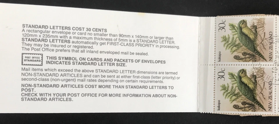 Nueva Zelanda 1986 Pájaros "Kakapo" FDI Folleto Panel de 10 sellos Foto 3 de 3