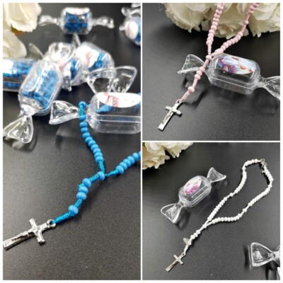12pcs Baby Shower Favor Holy Communion Wood Beads Rosary in Plastic Candy Box