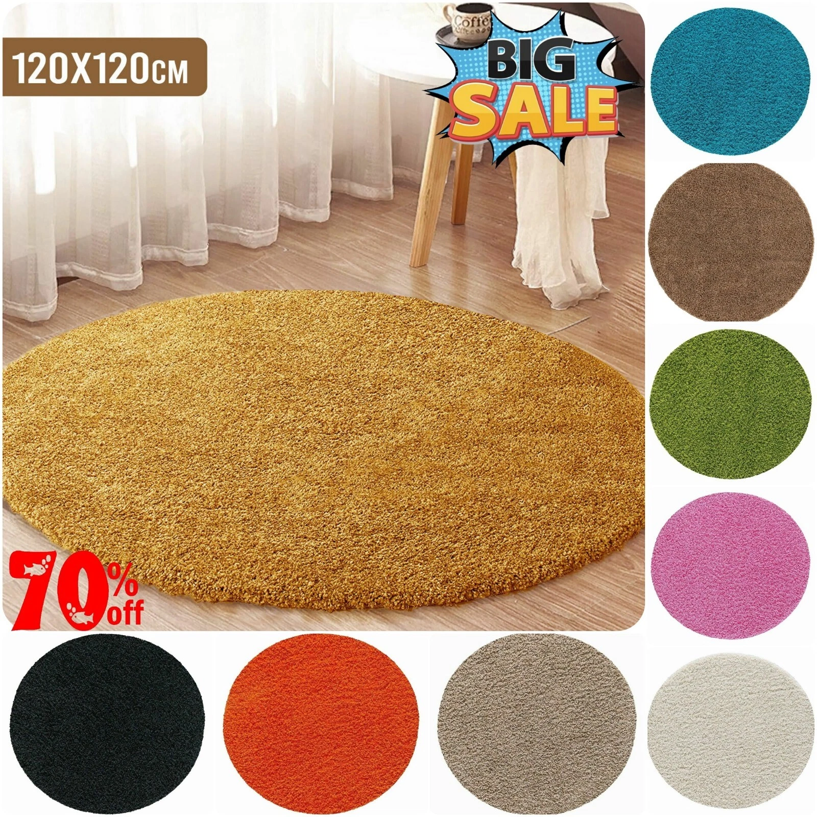 Large Round Rug Living Room Bedroom Dining Room Hallway Shaggy Fluffy 120x120cm